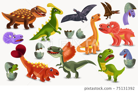 Two funny baby dinosaur characters - brontosaurus and pterodactyloidea,  cartoon vector illustration isolated on white background. Happy smiling  brontosaurus and pterodactyloidea dinosaur characters Stock Vector