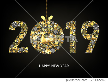 2019  Happy New Year greeting card  with gold Xmas ball. 75132282