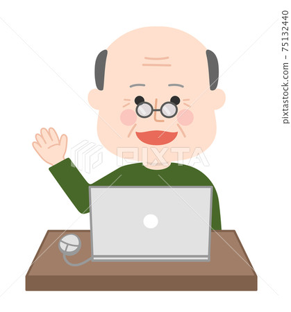 Illustration of a senior man waving his hand using a computer Illustration of a senior man waving his hand using a computer 75132440