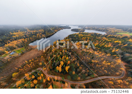 Panoramic aerial view of lake and colorful forests on a autumn day in Finland. Drone photography 75132446