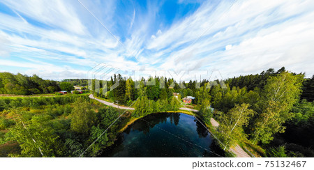 Panoramic aerial view of mystically turquoise coloured spring Kiikunlahde in Hollola, Finland Panoramic aerial view of mystically turquoise coloured spring Kiikunlahde in Hollola, Finland 75132467