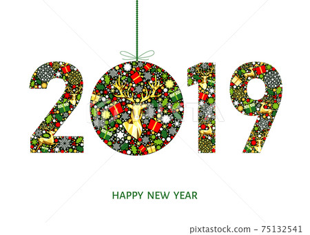2019  Happy New Year greeting card  with Christmas  ball. 75132541