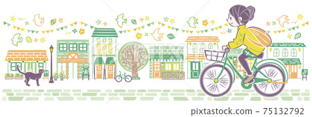 A woman riding a bicycle in a busy cityscape A woman riding a bicycle in a busy cityscape 75132792