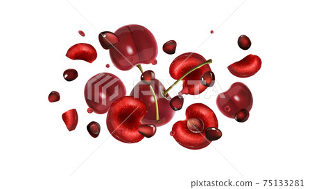 Cherries, pomegranate grains and drops of juice flying on a white background. Cherries, pomegranate grains and drops of juice flying on a white background. 75133281