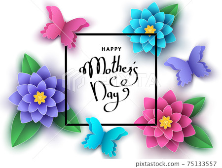 Happy mother's day banner with paper abstract flowers, butterflies. Happy mother's day banner with paper abstract flowers, butterflies. 75133557