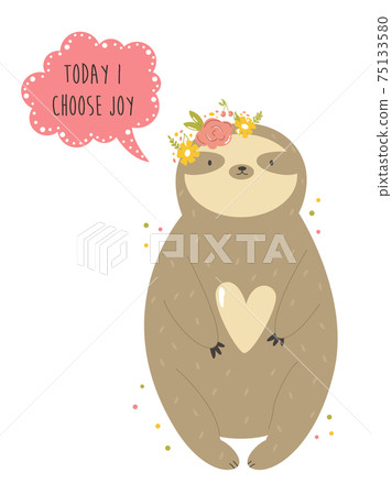 Funny sloth girl in a flower wreath. Vector illustration of a cute animal Funny sloth girl in a flower wreath. Vector illustration of a cute animal 75133580