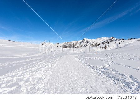 Snowy Winter Landscape of the Lessinia Plateau and Mountain range of Monte Carega 75134078