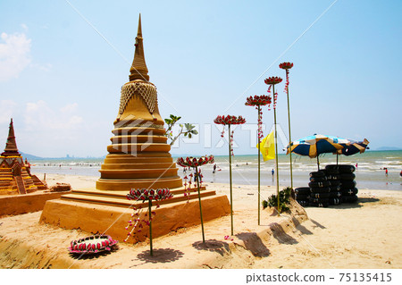sand pagoda and seven lotus was carefully built, and beautifully decorated Songkran festival 75135415