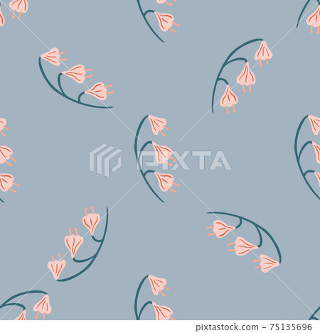 Minimalistic style seamless pattern with cure pink bell flowers ornament. Pastel blue background. 75135696