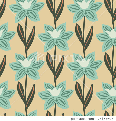 Nature vintage seamless pattern with blue contoured simple flower silhouettes. Beige background. Nature vintage seamless pattern with blue contoured simple flower silhouettes. Beige background. 75135697