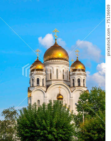 The Russian Orthodox Cathedral Church on the blue sky. The Russian Orthodox Cathedral Church on the blue sky. 75136609