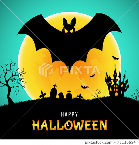Happy Halloween greeting card with bat, castle and moon. Happy Halloween greeting card with bat, castle and moon. 75136654