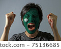 Cheerful portrait of a man with the flag of the Macau painted on his face on grey background. 75136685