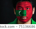 Portrait of a man with the flag of the Maldives painted on his face on black background. 75136686