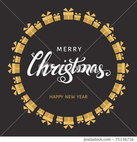 Christmas hand lettering with gold gift boxes on black background. Christmas hand lettering with gold gift boxes on black background. 75136716