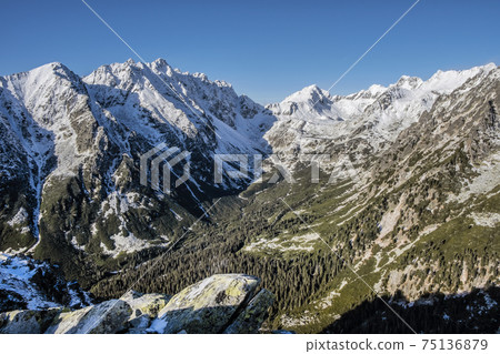 Mengusovska valley and peaks from mountain saddle below Ostrva, High Tatras, Slovakia 75136879