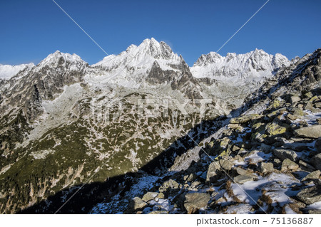 Vysoka peak from mountain saddle below Ostrva, High Tatras, Slovakia 75136887
