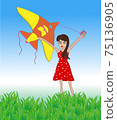 Kid with flying kite in field with blue sky outside 75136905