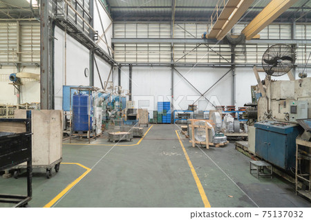 Car seat metal steel structure manufacturing factory with equipment machine engine industrial production system work, technology in operation process in industry plant. Product equipment in warehouse. 75137032