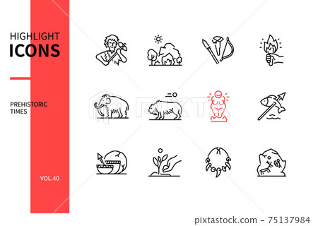 Prehistoric times - line design style icons set Prehistoric times - line design style icons set 75137984