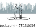 Line art drawing of business handshake agreement concept businessman woman hand shake partnership communication  male female cartoon character and building background . 75138036