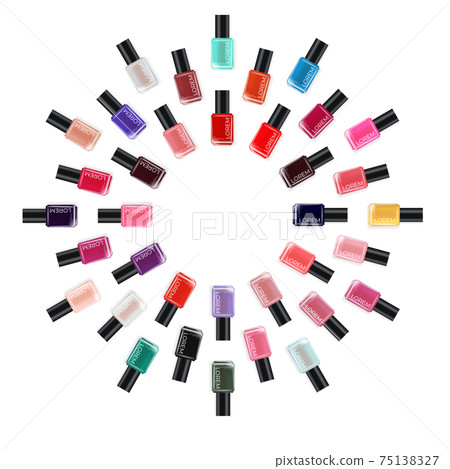 Nail polish collection on white background. Cosmetic product template for advertisement, magazine, product sample. Vector Illustration 75138327