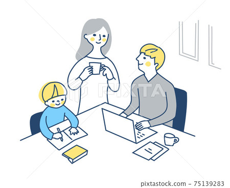 Men and families doing remote work at home Men and families doing remote work at home 75139283