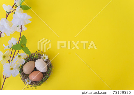 Easter holiday greeting card. Bird nest with eggs and branch of blooming cherry on yellow background top view. Space for text Easter holiday greeting card. Bird nest with eggs and branch of blooming cherry on yellow background top view. Space for text 75139550