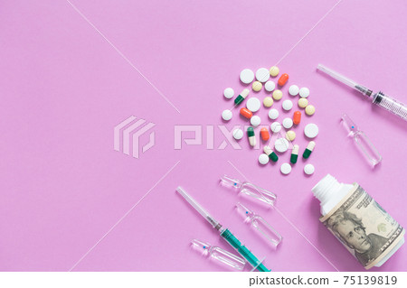Medical bottle with dollars, insurance medicine. Medical bottle with dollars, insurance medicine. 75139819