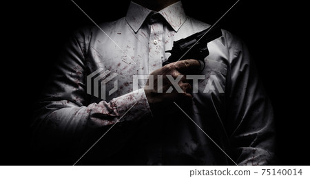 Horror scary photo of a killer in white shirt with blood splatter and posing with black gun. Horror scary photo of a killer in white shirt with blood splatter and posing with black gun. 75140014