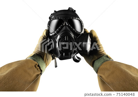 Isolated first person view military hands holding gas mask. Isolated first person view military hands holding gas mask. 75140048