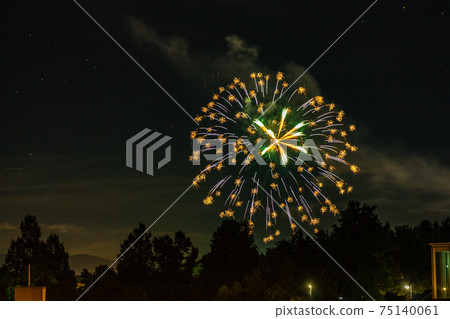Summer fireworks in night sky, Lake Shibayama, Japan. Summer fireworks in night sky, Lake Shibayama, Japan. 75140061