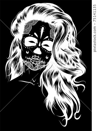 silhouette Vector Black and White Skull Candy Girl Illustration 75141135