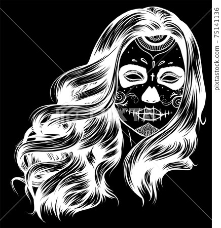 silhouette Vector Black and White Skull Candy Girl Illustration 75141136