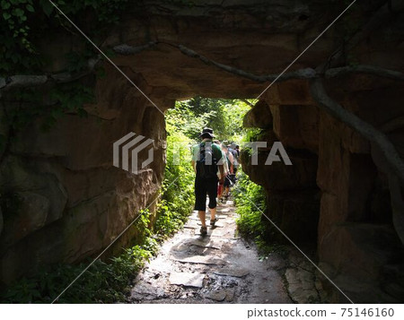 Rear view of hikers hiking through a cave Rear view of hikers hiking through a cave 75146160