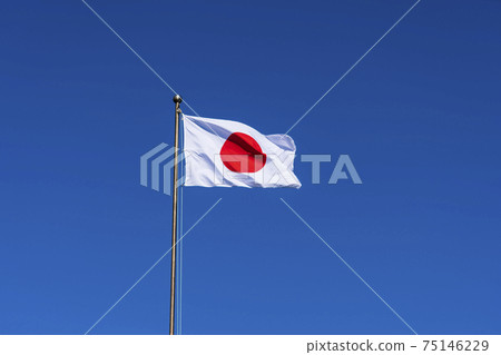 Sun flag fluttering in blue sky 75146229