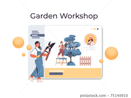 woman gardener with secateurs pruning tree branches in web browser window garden workshop online gardening 75148910