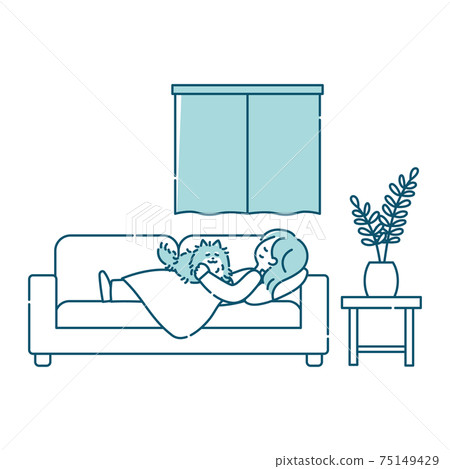 A woman sleeping with a dog on the sofa in the living room A woman sleeping with a dog on the sofa in the living room 75149429