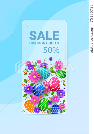 happy easter holiday celebration sale banner flyer or greeting card with decorative eggs and flowers 75150755