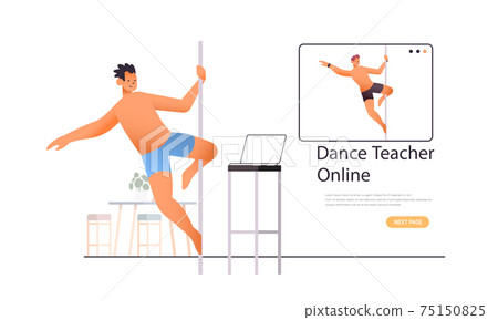 pole dance man doing dancing exercises on pilon with dance teacher in web browser window online workout 75150825
