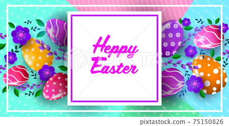 happy easter holiday celebration banner flyer or greeting card with decorative eggs and flowers horizontal 75150826