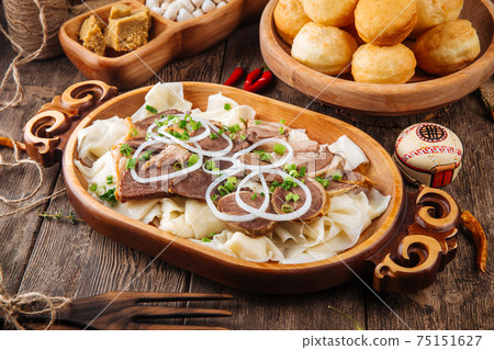 Kazakh beshbarmak with horse meat and boiled dough 75151627