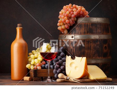 Wine bottle, grapes, cheese, glass of wine 75152249