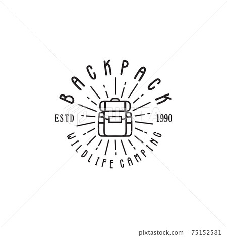 Camping logo emblem with backpack Hipster illustration. Outdoor adventure expedition, backpack and mountains silhouettes shirt, print stamp. Vintage typography badge design 75152581