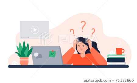 Exhausted Woman Trying Watch Online Course. Online Education, E-learning, Studying at Home, Tutorials. Vector Flat Illustration. Exhausted Woman Trying Watch Online Course. Online Education, E-learning, Studying at Home, Tutorials. Vector Flat Illustration. 75152660