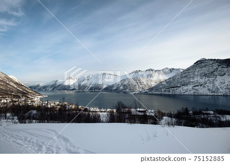 Scenery of snow mountain range and norwegian village on coastline in winter at Senja Island 75152885