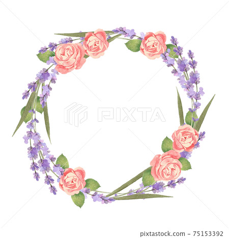 水彩的玫瑰和薰衣草花環 75153392