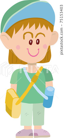 A girl wearing a hat with a water bottle and a bag to go on an excursion A girl wearing a hat with a water bottle and a bag to go on an excursion 75153403
