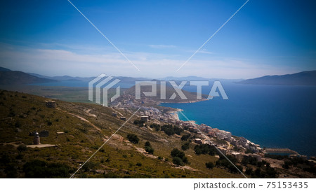 Landscape to the ionian sea from the top of Lekuresi Castle and military bunkers, Saranda, Albania Landscape to the ionian sea from the top of Lekuresi Castle and military bunkers, Saranda, Albania 75153435