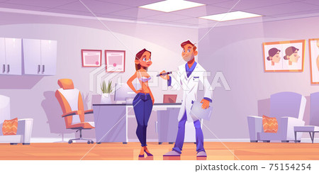 Plastic surgeon consulting woman about breast lift Plastic surgeon consulting woman about breast lift 75154254
